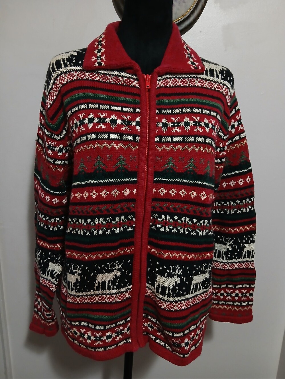 Vtg Tiara Fair Isle Christmas Moose Zip Up Collared Sweater Size Medium